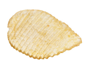 Close-up of a single crisp ridged potato chip isolated on a white background.