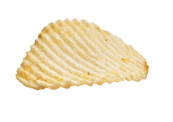A single, ridged potato chip isolated on a white background, highlighting the texture and ready for snacking.