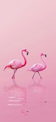 Fototapeta premium A pair of flamingos standing on a pink backdrop with their reflections visible, highlighting a serene and romantic moment.