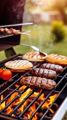 Closeup of three hamburgers grilling on a hot charcoal grill with flames visible beneath