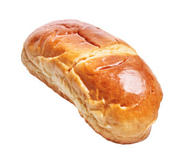 Close-up of a freshly baked golden loaf of bread isolated on white background.