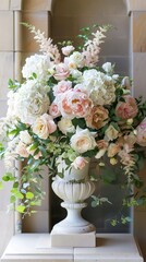Obraz premium Grand floral display, peonies, roses, and hydrangeas, cascading greenery, and soft pastel colors, placed in a classic urn