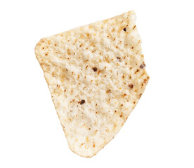 Close-up of a single triangular tortilla chip isolated on a white background, showcasing its texture.