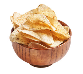 Crispy tortilla chips in a wooden bowl isolated on a white background, suggestive of snacks and appetizers.