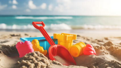 Red shovel and yellow molds at beach