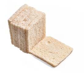 Stacked wholegrain bread slices against a white background, depicting health and simplicity.