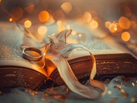 Wedding rings tied with a ribbon on an open book, soft lighting highlighting the details, romantic and literary theme