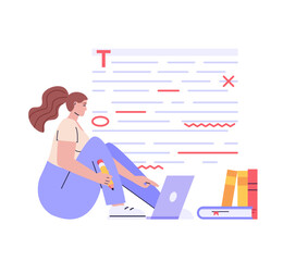 Editing document with text. Correcting grammar mistake with red marker. Teacher fix page text errors. Concept of proofread script, grammar edit, correcting mistake. Vector flat cartoon illustration