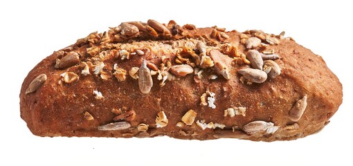 Close-up shot of a freshly baked multi-grain loaf, isolated on a white background.