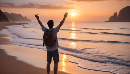 Fototapeta premium A traveling man raising up his arms in sunset at beach