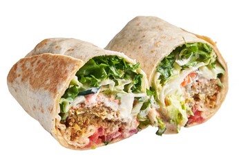 Close-up of a fresh, halved chicken wrap with vegetables and sauce on a white background.