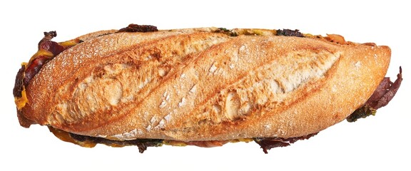 Isolated gourmet sandwich with crispy baguette, bacon, lettuce, and cheese on white background