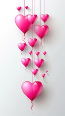 Pink heart-shaped objects hanging on strings with white background