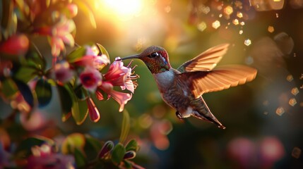 Naklejka premium Hummingbird hovering near a blooming flower, soft sunlight, high detail, high resolution, intricate floral details, vivid and dynamic scene, gentle and peaceful setting