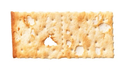 A single cracker with a bite mark isolated on white background, detailed texture visible.