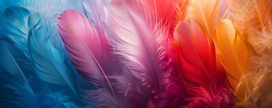 Vibrant multicolored feathers closeup showcasing stunning textures and gradients