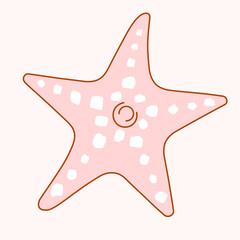 Five-pointed wide starfish in monochrome pink with outline. Cute simple vector illustration on isolated background. View from above.