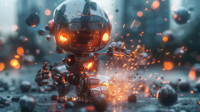 A broken mini robot with sparks is seen in this image. This cyborg's technology is futuristic and intelligent.