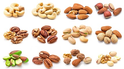 Obraz premium Assorted Nuts Collection - Cashews, Almonds, Pecans on White Background