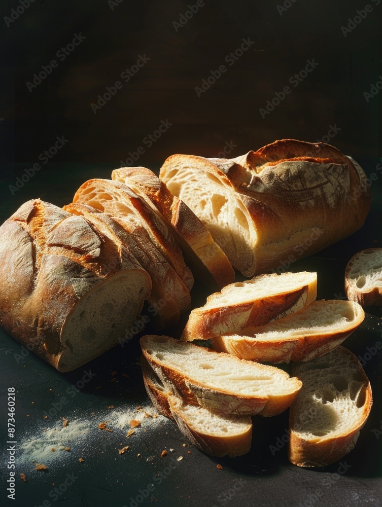 Poster a loaf of bread with a few slices missing. the bread is cut into pieces and is sitting on a table