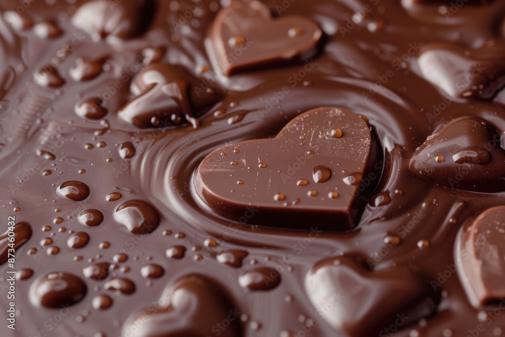 Poster a chocolate dessert with hearts on top of it. the dessert is covered in chocolate and has a shiny, w