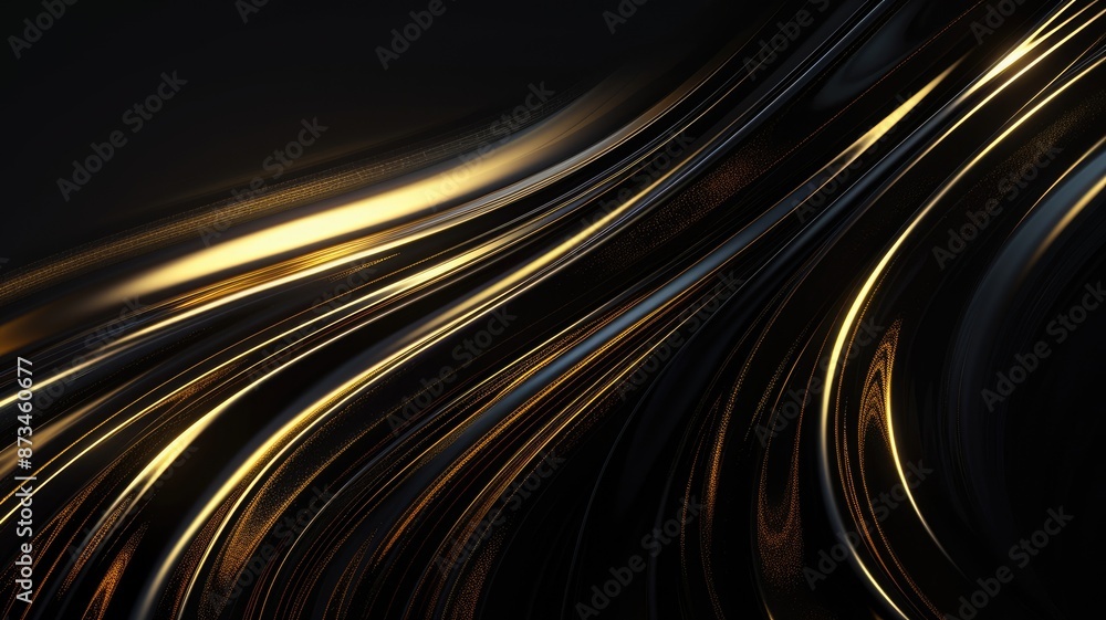 Poster abstract golden and dark wave pattern with glowing particles. digital art design of gold lines and d