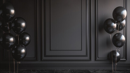 Naklejka premium Birthday. Black Friday sale. Stylish black Background with black balloons. Holiday banner, web poster, flyer, cover card, Festive celebrate backdrop balloons, with copy space 