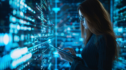 A woman interacts with a digital tablet, surrounded by a futuristic network overlay and IoT cloud data communication hologram featuring blockchain coding technology. This scene reflects the future