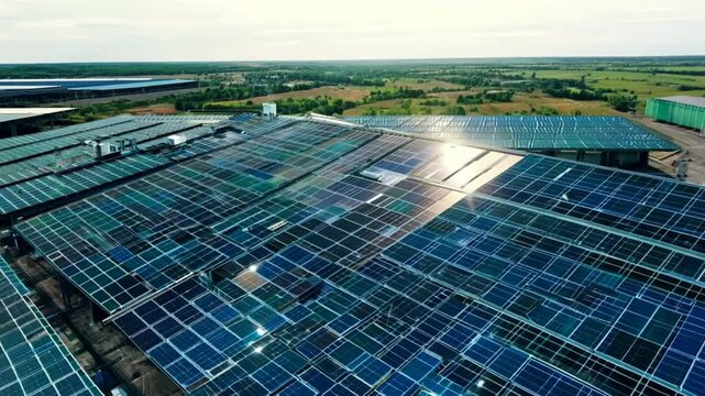 Aerial view of Solar Cell on Warehouse Factory. Solar photo voltaic panels system power or Solar Cell on industrial building roof for producing green ecological electricity. 