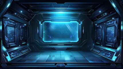 Obraz premium Futuristic blue-themed space station interior with large window view.