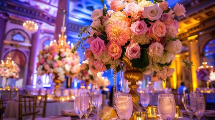 Lavish wedding reception, multicultural theme, opulent ballroom, elegant floral centerpieces, and luxurious ambiance, guests in glamorous attire