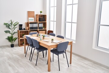 Modern office interior with a wooden table, chairs, plants, and storage shelves in a bright room with large windows.