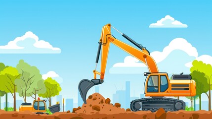 Excavators working at a construction site on a sunny day illustration