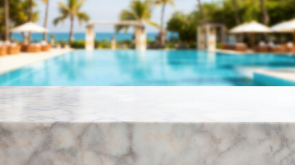 White marble surface providing space for products with a luxury resort pool in the background