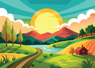 Fototapeta premium Winding road leading through green hills towards mountains and a setting sun