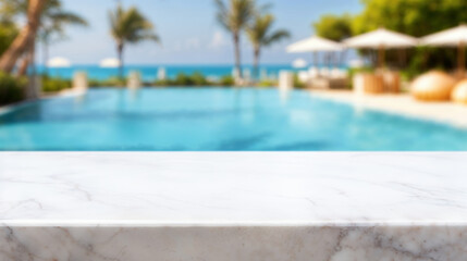 Fototapeta premium Luxurious resort hotel with a white marble stone table top overlooking a blurred swimming pool, perfect for showcasing products