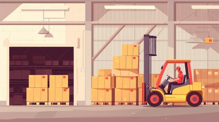Forklift moving boxes in warehouse for efficient inventory management.