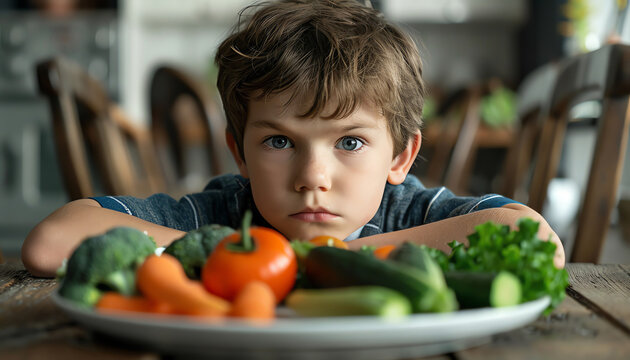 A displeased young boy staring at a plate of healthy vegetables, showing reluctance to eat his greens