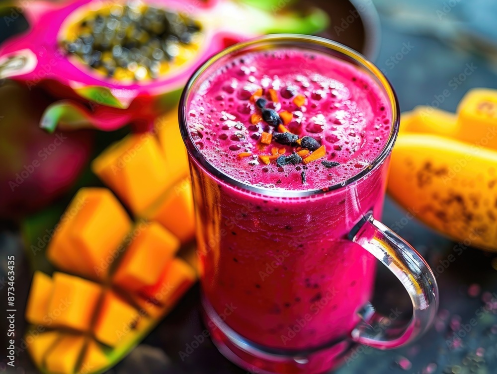Poster a glass of pink juice is on a table with a banana and a slice of orange. the juice is made with a mi