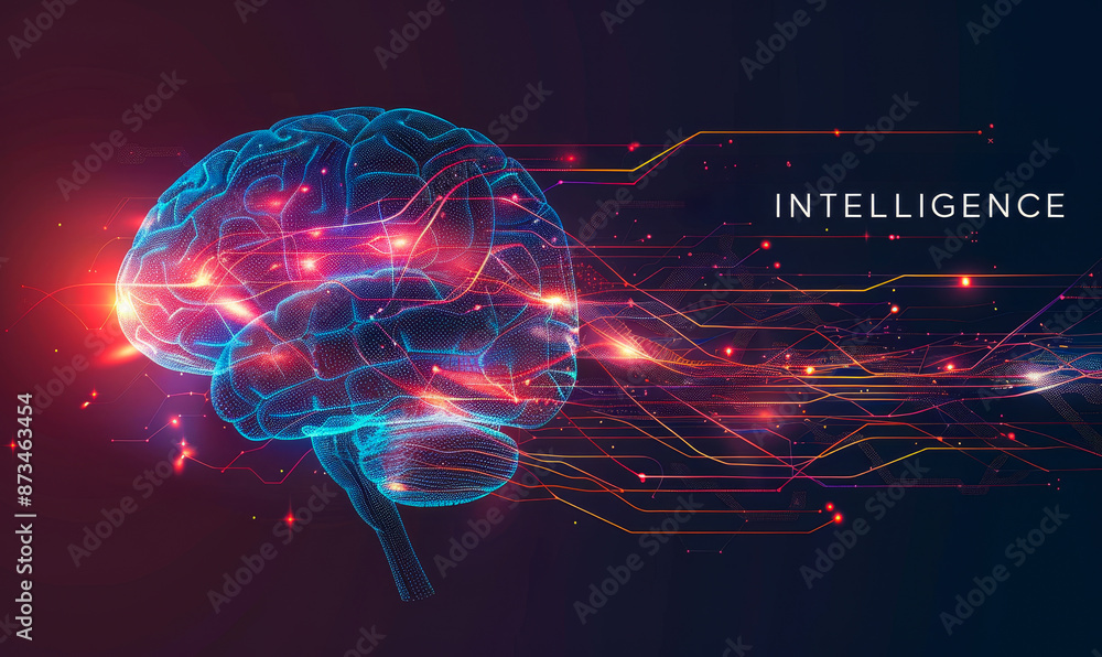 Poster futuristic digital human brain with colorful lines representing artificial intelligence technology c