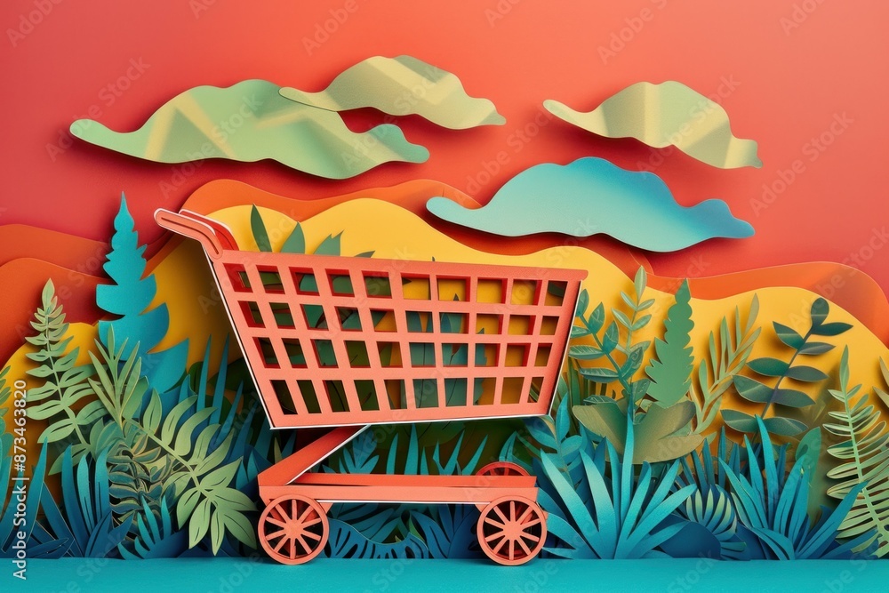 Wall mural intricate shop cart paper cut. ribbon finance. generate ai