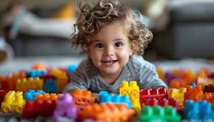 Smiling toddler enjoying playtime with bright interlocking plastic blocks