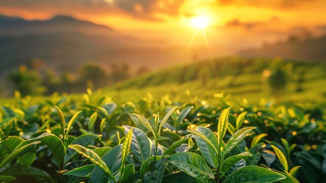 Tea plantation at sunset, lush green leaves, warm golden light, serene landscape