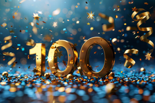 Celebration of 100th anniversary or 100 first subscribers in gold color and confetti close up. Golden number 100 celebration
