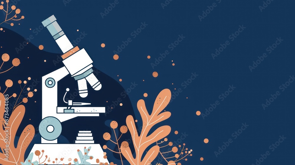 Poster microscope with abstract botanical elements on navy background