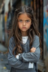 Fototapeta premium Young upset schoolgirl standing on the street with arms crossed, embodying a moment of childhood defiance