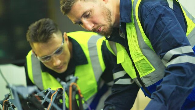 Close up two engineer or technician worker men with one hold tablet and check and maintenance with robot part in factory workplace.