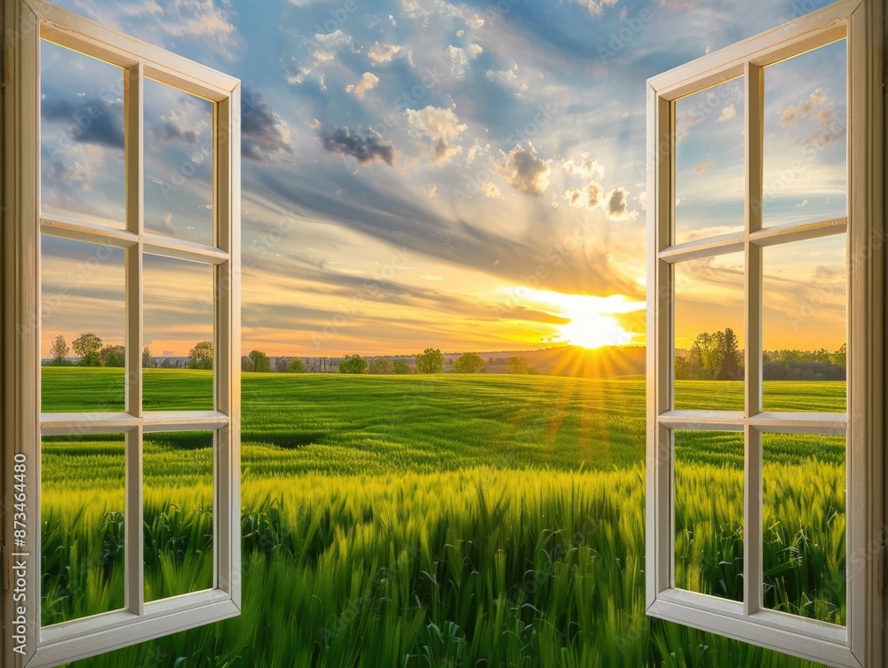 Poster a beautiful, sunlit field with a large window in the middle. the window is open, allowing the warm s