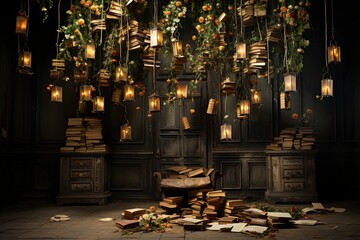 Step into an ethereal realm where old books hang suspended, creating a surreal still life