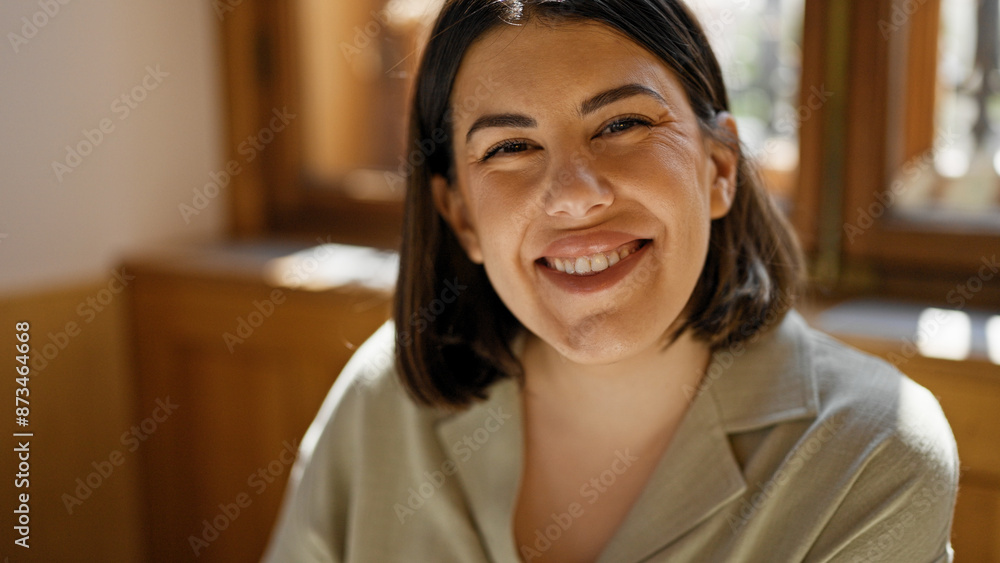 Canvas Prints young beautiful hispanic woman smiling happy sitting on the table at cafeteria